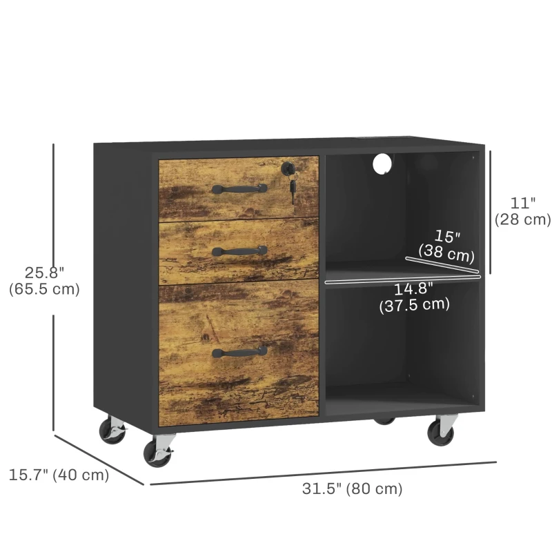 HOMCOM Mobile Printer Stand with Charging Station USB Ports Locking Filing Cabinet for A4 Letter Size Rustic Brown and Black