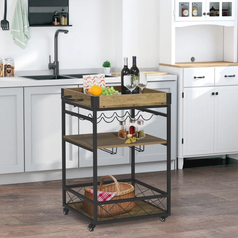 HOMCOM Retro Industrial Bar Serving Cart Rolling Kitchen Island Storage Utility Trolley with 5-bottle Wine Rack & Serving Tray