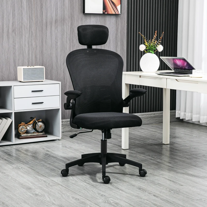 Vinsetto Office Chair, Mesh Computer Desk Chair with Adjustable Headrest, 4D Lumbar Support, Flip-up Arm, Black