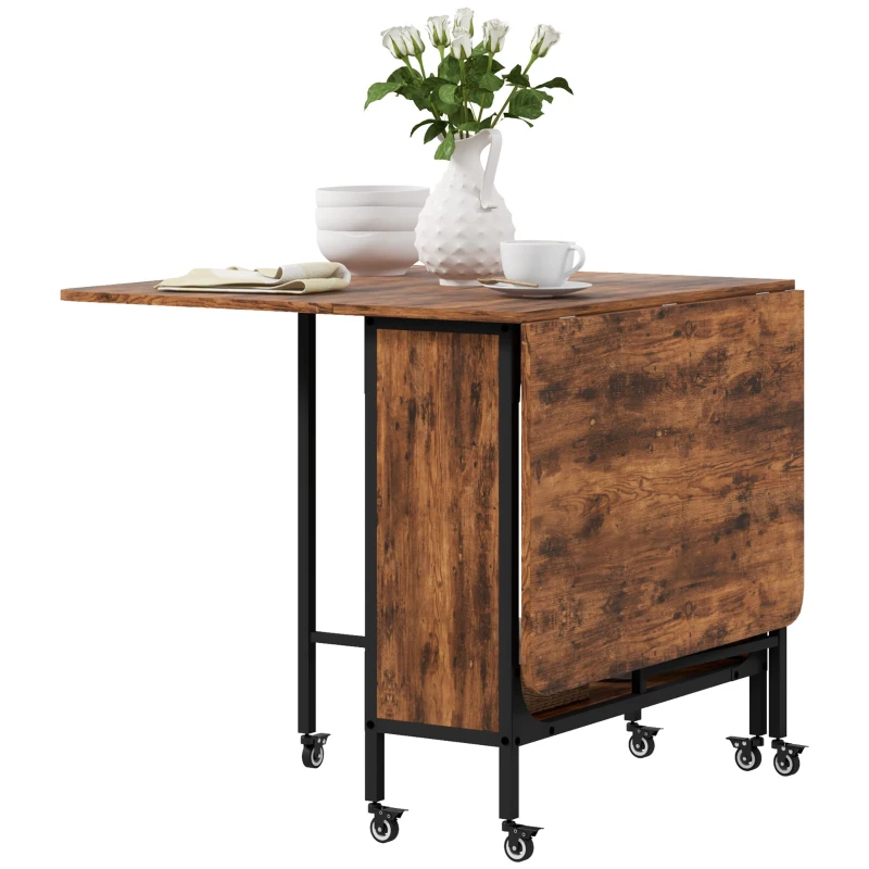 HOMCOM Folding Dining Table, Extendable Kitchen Table for Small Spaces with Storage Shelf and 6 Wheels, Rustic Brown