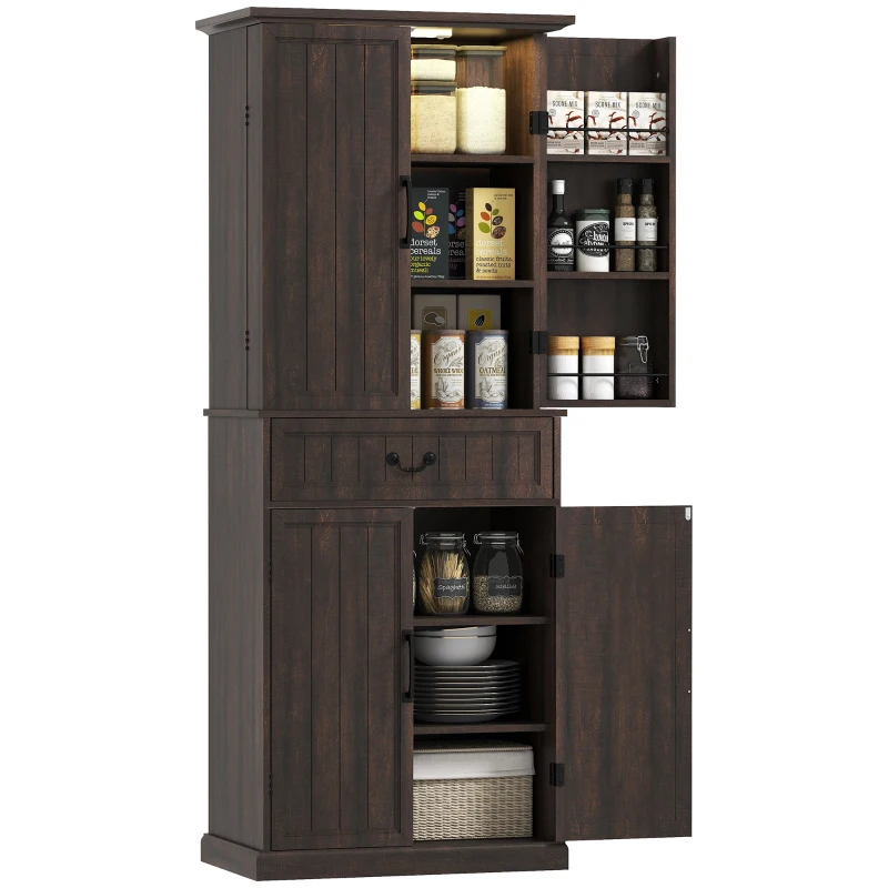 HOMCOM 71" LED Kitchen Pantry Cabinet, Farmhouse Storage Cabinet with Door Shelves, Distressed Brown