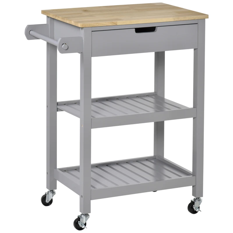 HOMCOM Rolling Kitchen Cart, Utility Storage Cart with Drawer, 2 Slatted Shelves and Towel Rack for Dining Room, Grey