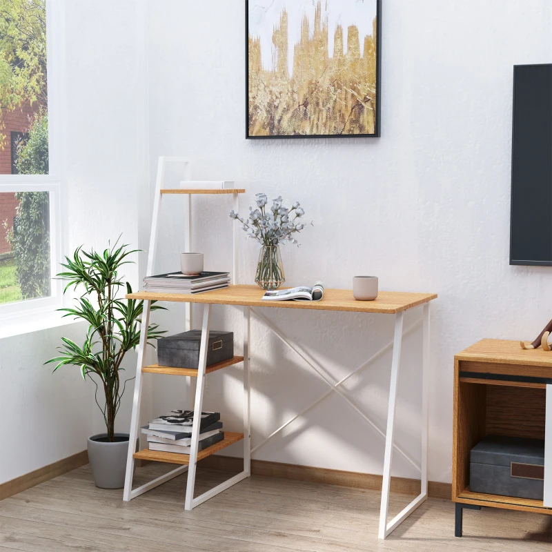 HOMCOM Computer Desk with Storage, Study Writing Table with 4-Tier Shelves for Home Office Workstation Small Space, Natural