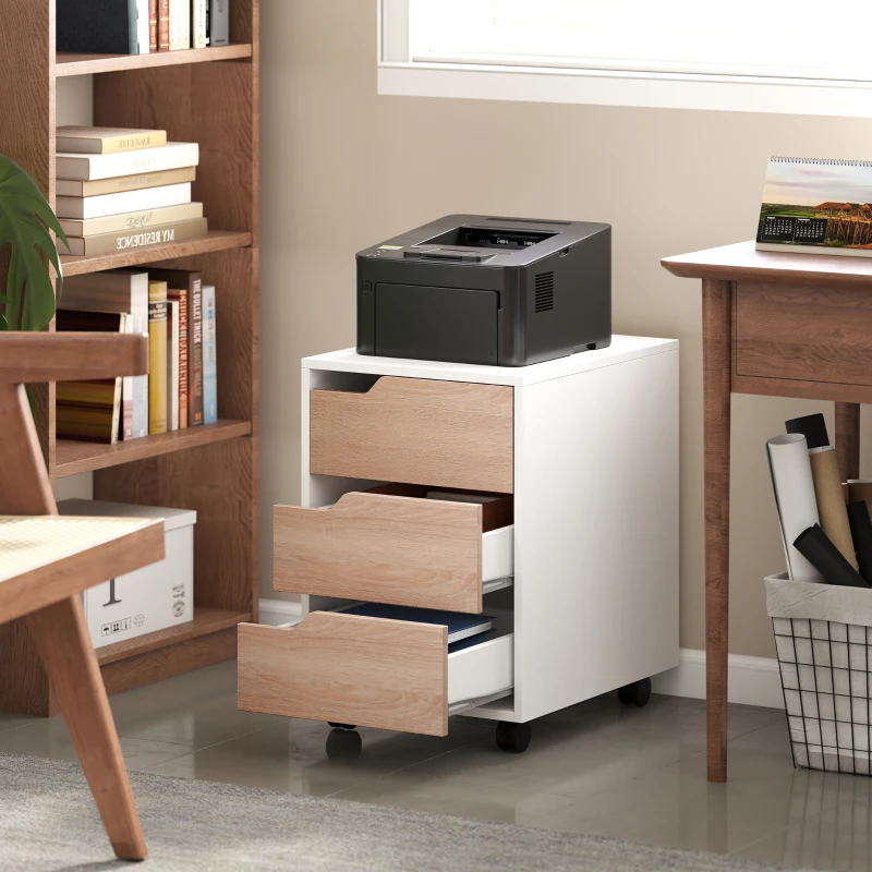 HOMCOM 3 Drawer File Cabinet, Mobile Vertical Filing Cabinet with Wheels, Printer Stand with Storage for Home Office, Oak