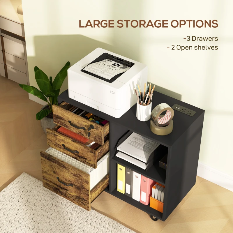 HOMCOM Mobile Printer Stand with Charging Station USB Ports Locking Filing Cabinet for A4 Letter Size Rustic Brown and Black