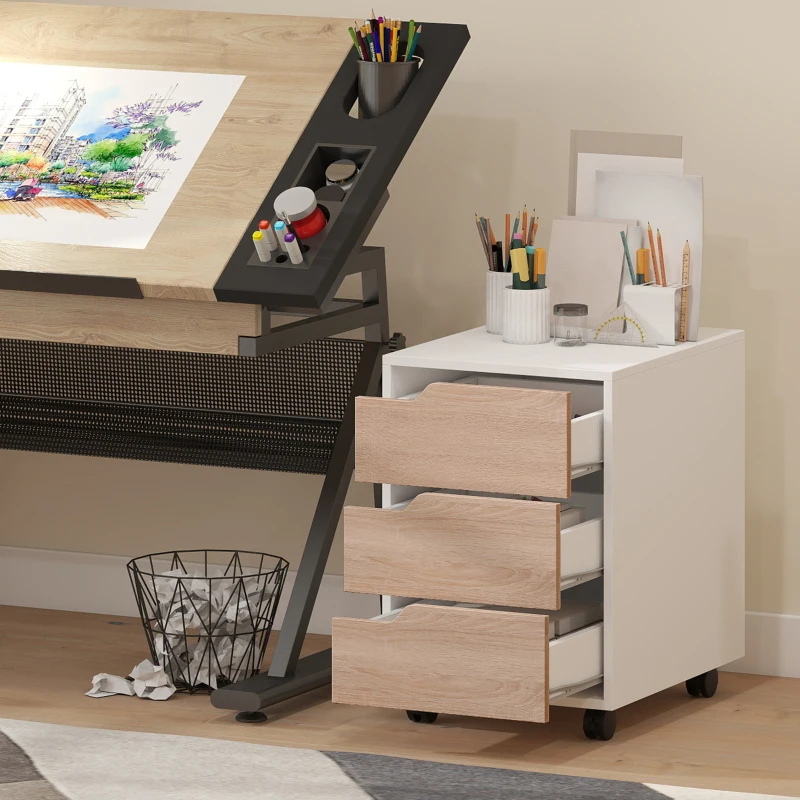 HOMCOM 3 Drawer File Cabinet, Mobile Vertical Filing Cabinet with Wheels, Printer Stand with Storage for Home Office, Oak