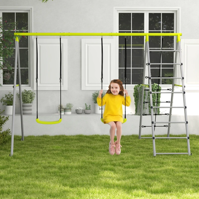 Outsunny 4 in 1 Metal Swing Set with Double Swings, Climber, Climbing Net for Kids, Toddlers, Backyard, Outdoor, Playground