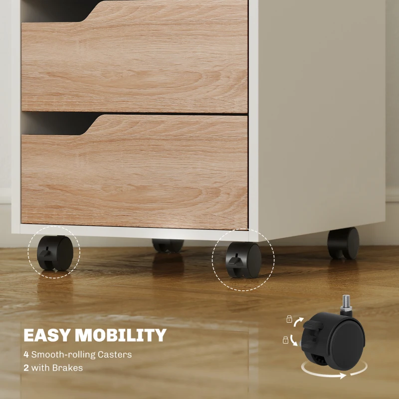 HOMCOM 3 Drawer File Cabinet, Mobile Vertical Filing Cabinet with Wheels, Printer Stand with Storage for Home Office, Oak