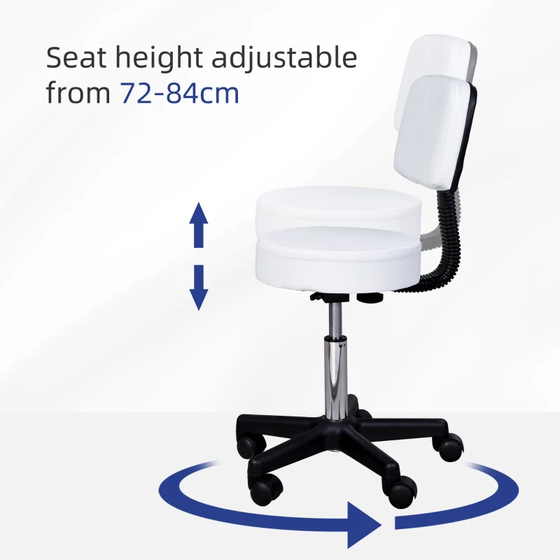 HOMCOM Adjustable Rolling Stool with Back, PU Leather Round Swivel Drafting Stool with Wheels for Kitchen, Salon Spa, Bar, Home Office, Massage, White