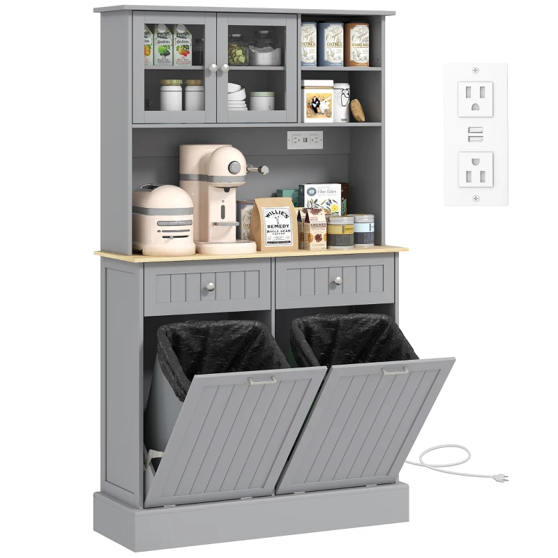 HOMCOM Kitchen Cabinet with Charging Station, 2 Tilt Out Cabinets, Microwave Stand, Freestanding Kitchen Pantry Cabinet, Grey