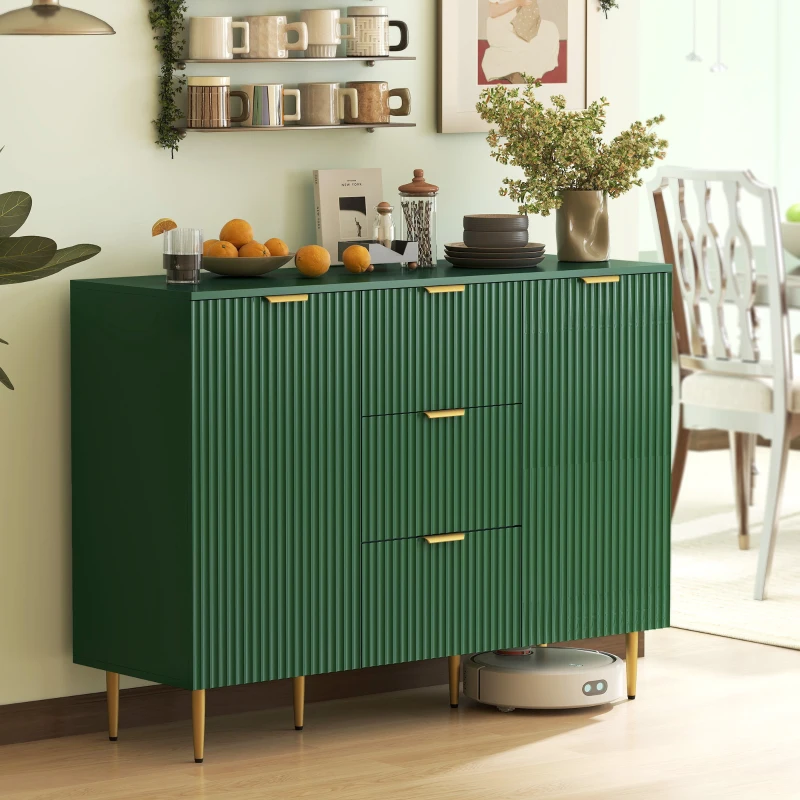 HOMCOM Modern Kitchen Storage Cabinet, Sideboard Buffet Cabinet w/ 3 Drawers and Adjustable Shelves for Kitchen Hallway, Green