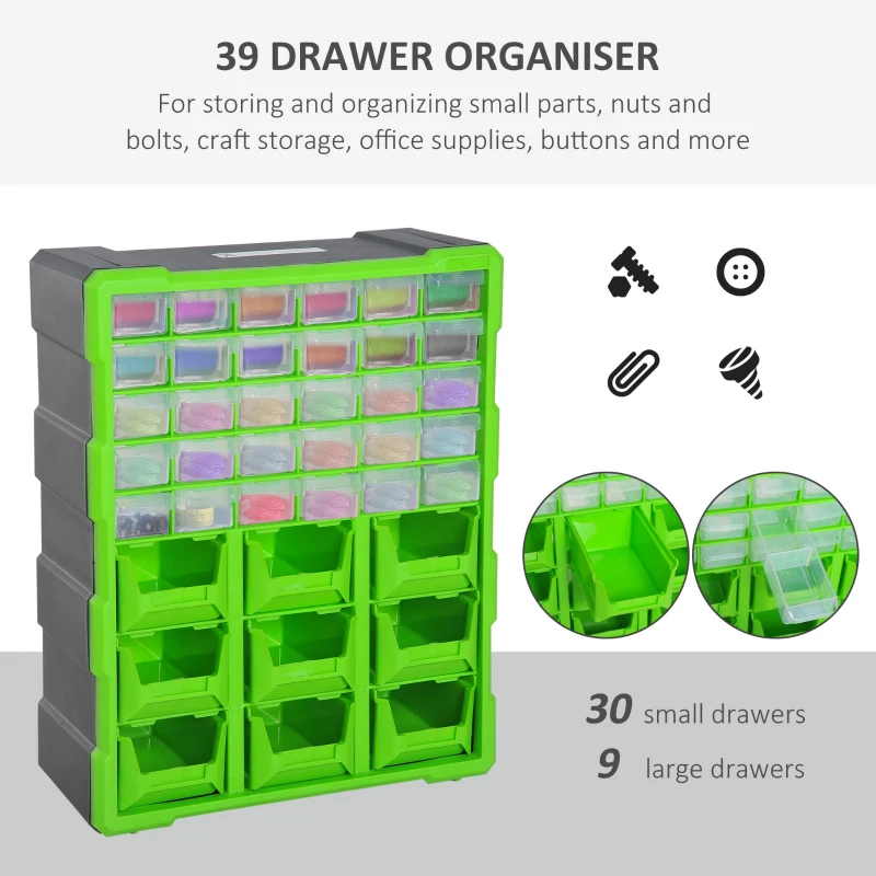 DURHAND Plastic 39 Drawer Parts Organiser Wall Mount Storage Cabinet for Small Nuts Bolts Tool Set of 2 Green