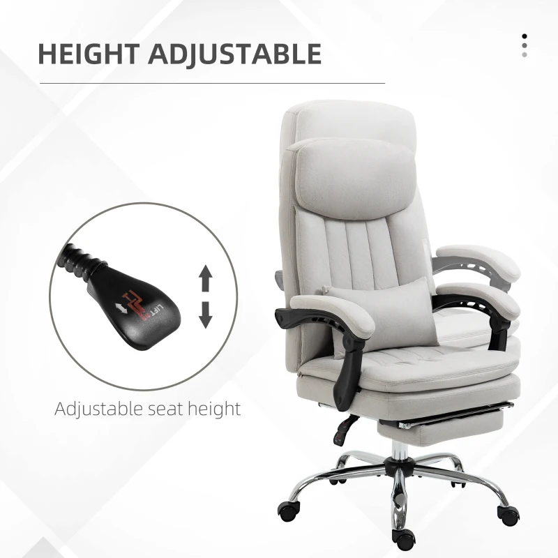 Vinsetto High Back Office Chair, Microfibre Computer Desk Chair with Lumbar Support Pillow, Foot Rest, Reclining Back, Arm, Light Grey