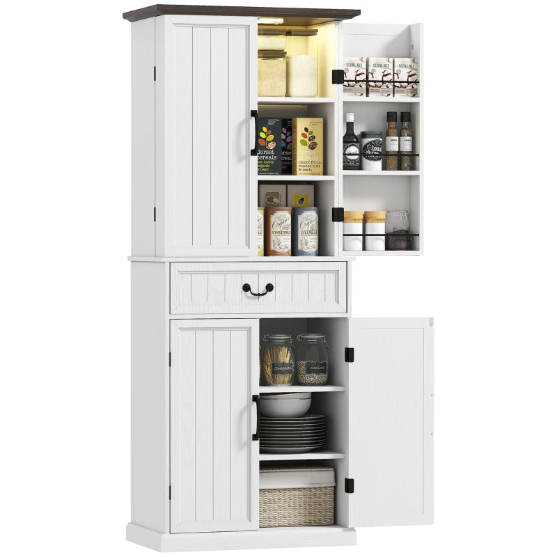 HOMCOM 71" LED Kitchen Pantry Cabinet, Farmhouse Storage Cabinet with Door Shelves, Distressed White