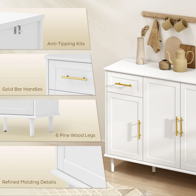 HOMCOM 55" Buffet Cabinet with Soft-Close Doors, Modern Sideboard with 2 Drawers, 3 Adjustable Shelves and 4 Doors, White