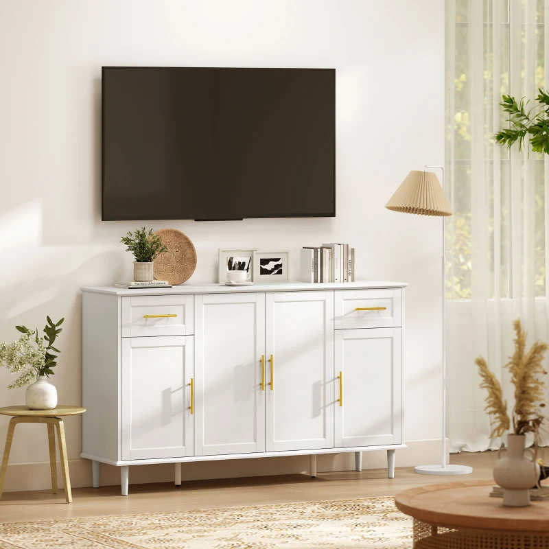 HOMCOM 55" Buffet Cabinet with Soft-Close Doors, Modern Sideboard with 2 Drawers, 3 Adjustable Shelves and 4 Doors, White