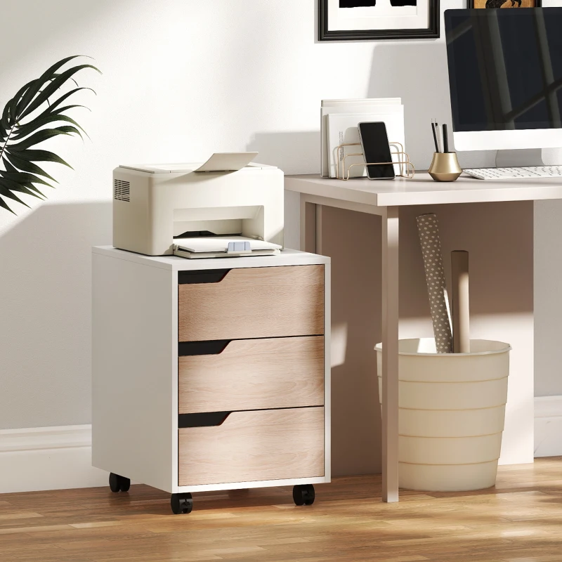 HOMCOM 3 Drawer File Cabinet, Mobile Vertical Filing Cabinet with Wheels, Printer Stand with Storage for Home Office, Oak