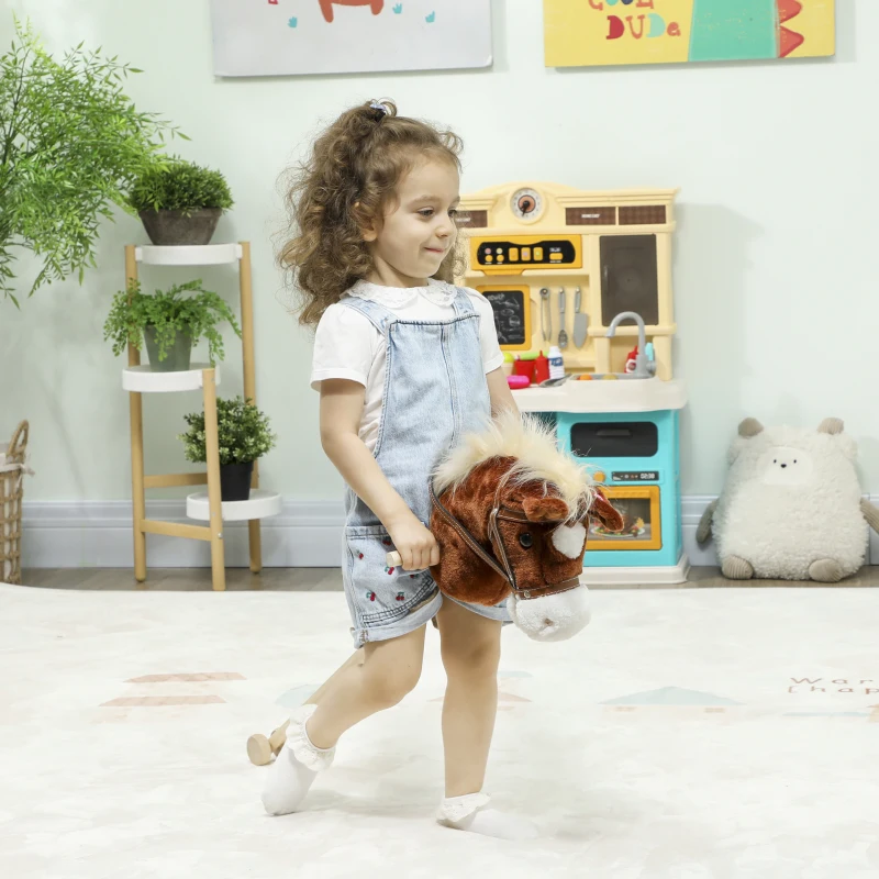 Qaba Unicorn Stick Horse, Plush Hobby Horse with Wood Wheels, Real Pony Neighing and Galloping Sounds, for Kids, Brown