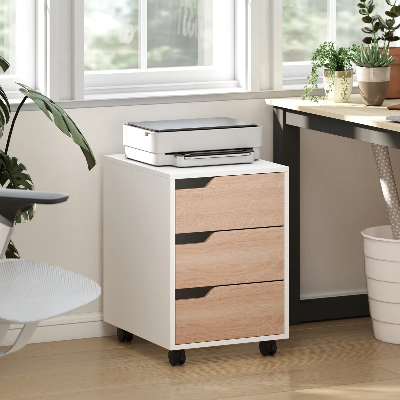 HOMCOM 3 Drawer File Cabinet, Mobile Vertical Filing Cabinet with Wheels, Printer Stand with Storage for Home Office, Oak