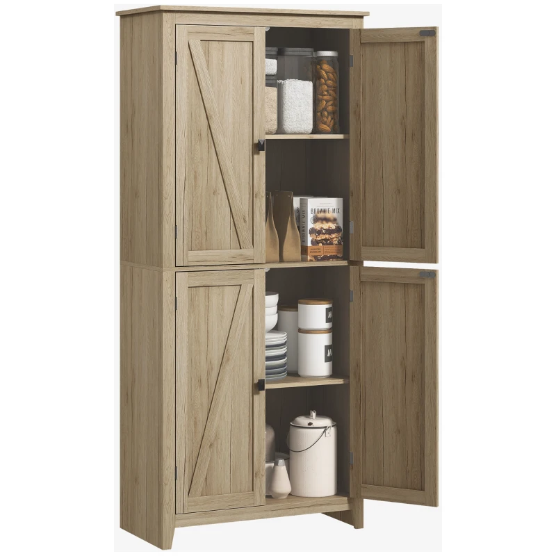 HOMCOM 72" Freestanding Kitchen Pantry Cabinet, Farmhouse Tall Storage Cabinet with 4 Door Cabinets and Adjustable Shelves for Dining Room, Natural