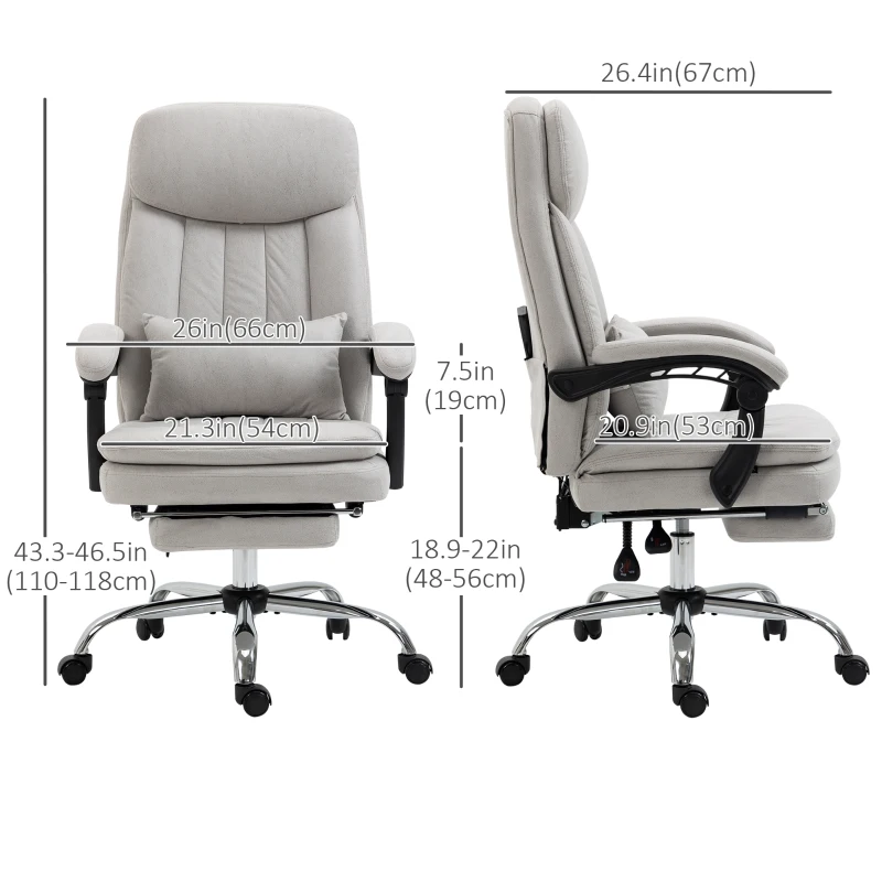 Vinsetto High Back Office Chair, Microfibre Computer Desk Chair with Lumbar Support Pillow, Foot Rest, Reclining Back, Arm, Light Grey