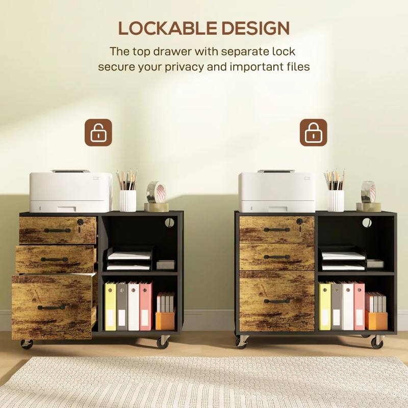 HOMCOM Mobile Printer Stand with Charging Station USB Ports Locking Filing Cabinet for A4 Letter Size Rustic Brown and Black