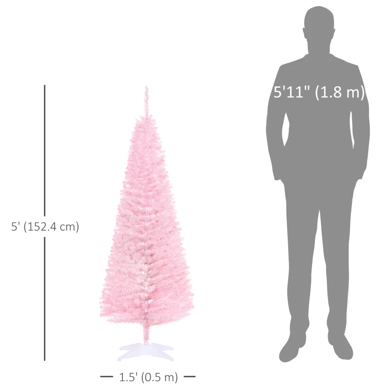 HOMCOM 5FT Artificial Christmas Tree, Pencil Christmas Tree with Realistic Branches, Stable Stand, Pink