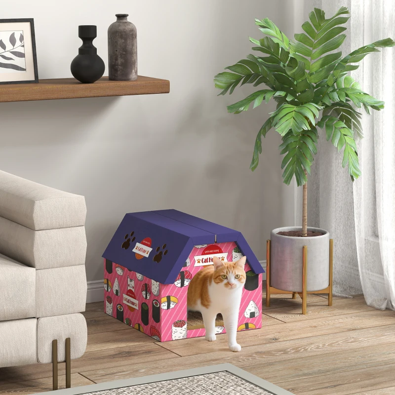 PawHut Cat Scratcher House, 2-in-1 Cardboard Cat Scratching Pad with Door, 4 Paw-Shaped Vents and Grass for Indoor, Pink