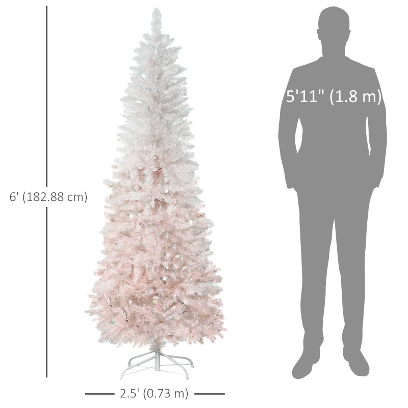HOMCOM 6ft Pencil Artificial Christmas Tree with Pine Realistic Branches, Auto Open, Pink and White