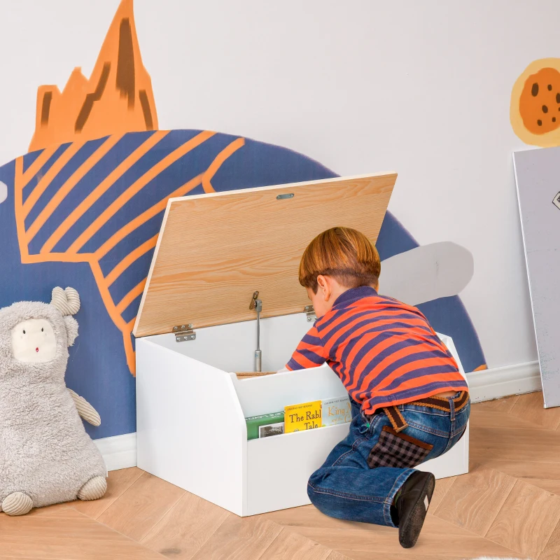 Qaba Wooden Kids Toy Box with Lid, Children Storage Organizer with Safety Hinge, Toy Trunk Chest, White