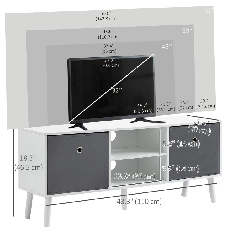 HOMCOM Modern TV Stand Cabinet with Foldable Drawers and Shelves for Living Room, Bedroom, White