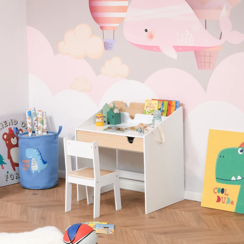 Qaba 2 Pieces Kids Desk and Chair Set with Storage Pull-Out Drawer for 6-10 Years, Writing, Reading, Drawing