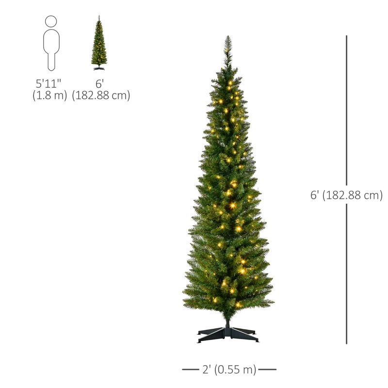 HOMCOM 6' Pre Lit Artificial Pencil Christmas Trees, Xmas Tree with Realistic Branches and Warm White LED Lights, Green