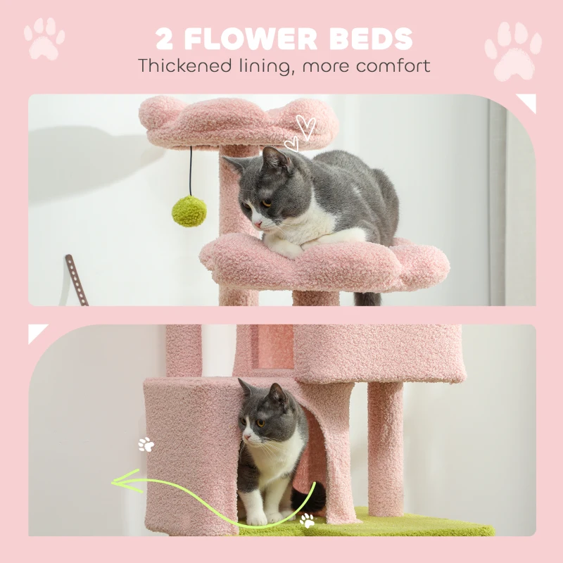 PawHut Flower Cat Tree with Sisal Scratching Posts, Multi-Level Cat Tower, Pink
