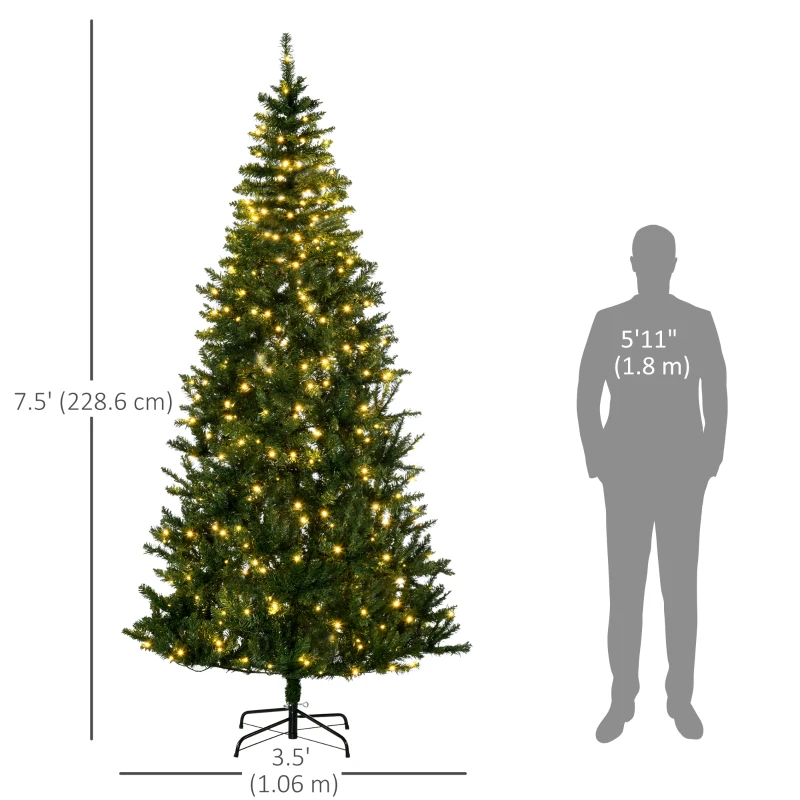HOMCOM 7.5 Feet Prelit Artificial Christmas Tree Warm White LED Light Holiday Home Xmas Decoration, Green