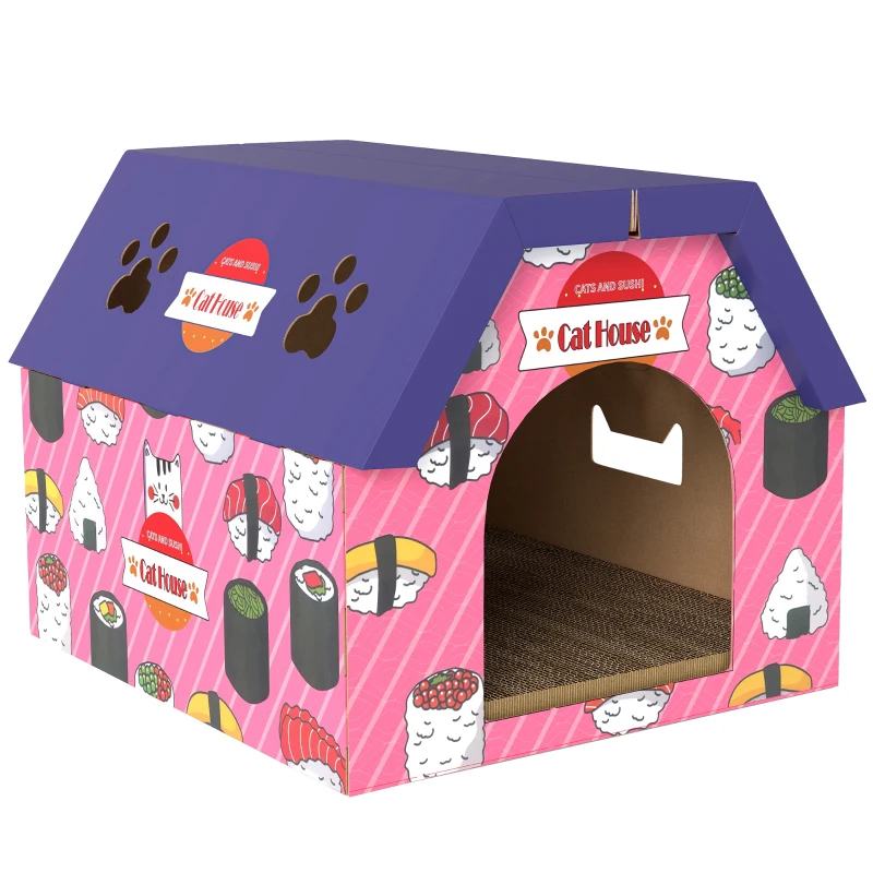 PawHut Cat Scratcher House, 2-in-1 Cardboard Cat Scratching Pad with Door, 4 Paw-Shaped Vents and Grass for Indoor, Pink