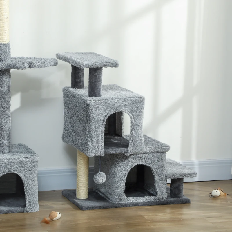 PawHut 4-Step Pet Stairs, Adjustable Height Cat Stairs with Scratching Posts Cat Condo, Hanging Ball for High Bed, Grey