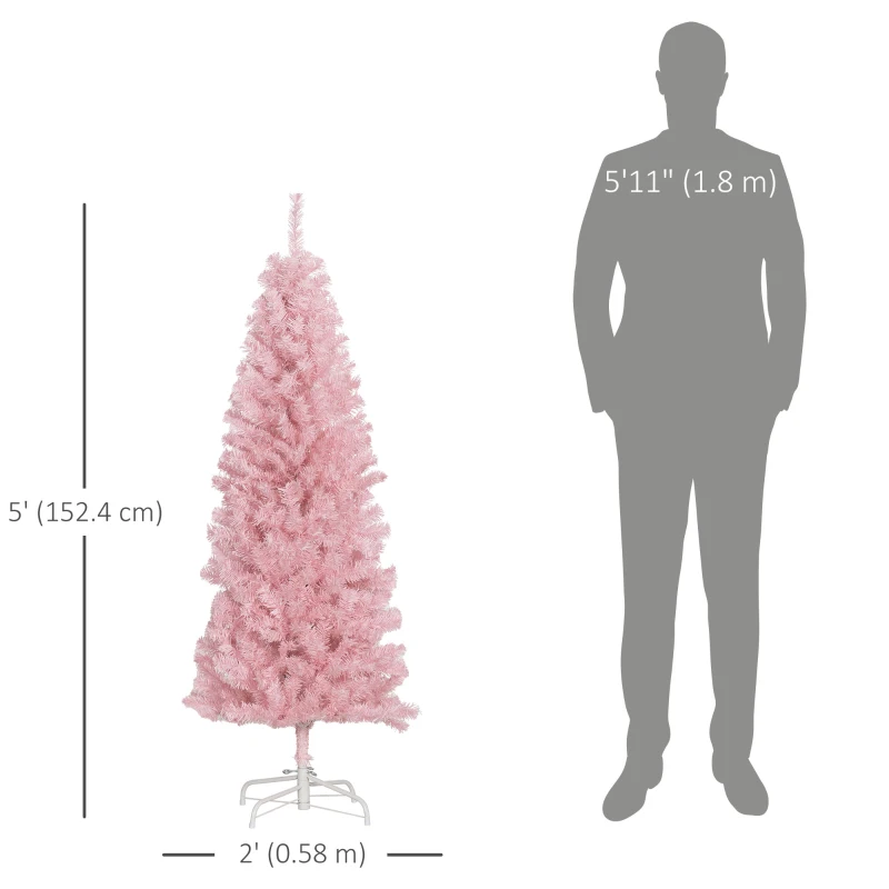 HOMCOM 5FT Pencil Christmas Tree, Artificial Christmas Tree with Automatic Open for Home Party, Pink