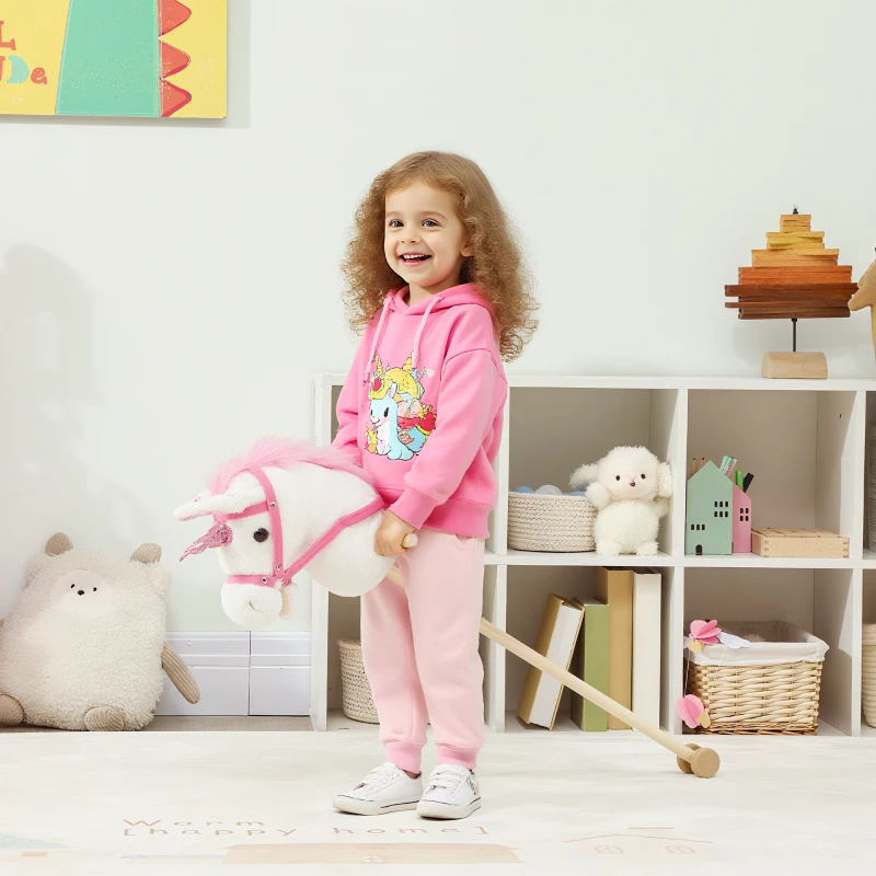 Qaba Unicorn Stick Horse, Plush Hobby Horse with Wood Wheels, Real Pony Neighing and Galloping Sounds, for Kids, White