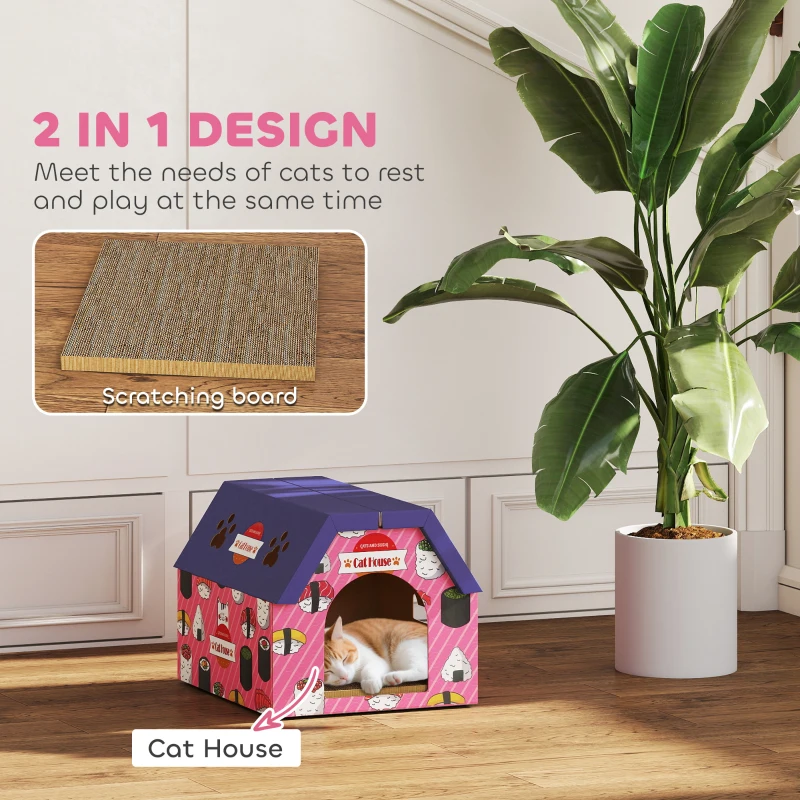 PawHut Cat Scratcher House, 2-in-1 Cardboard Cat Scratching Pad with Door, 4 Paw-Shaped Vents and Grass for Indoor, Pink