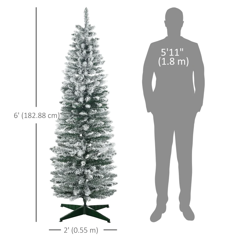 HOMCOM 6ft Tall Pencil Artificial Christmas Tree, Holiday Décor with Snow Flocked Branches, Green