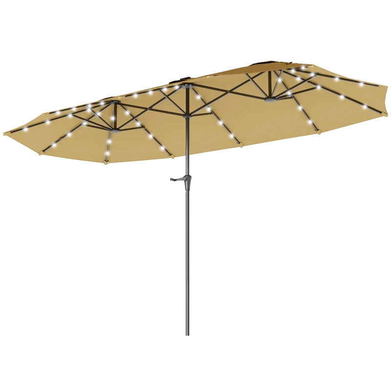 Outsunny 13ft Double-Sided Market Umbrella, Large Patio Umbrella with Solar Lights, Crank Handle for Garden, Pool, Yard, Khaki