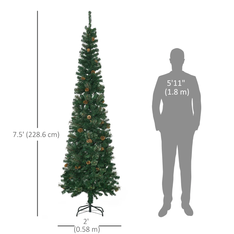 HOMCOM 7.5ft Pencil Christmas Tree, Artificial Christmas with Pine Needles, Realistic Branches, Pine Cones, Metal Base, Green