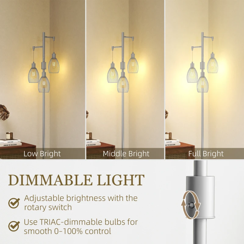 HOMCOM Industrial Floor Lamp with 3 Hanging Wire Lampshades, Dimmable Standing Lamp for Living Room, Silver