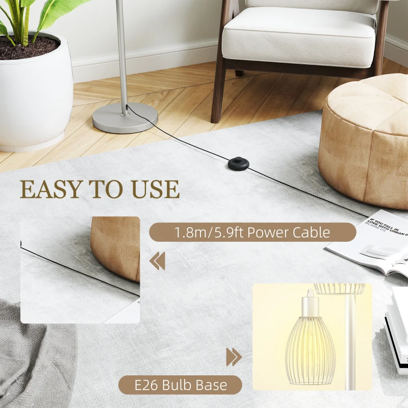 HOMCOM Industrial Floor Lamp with 3 Hanging Wire Lampshades, Dimmable Standing Lamp for Living Room, Silver