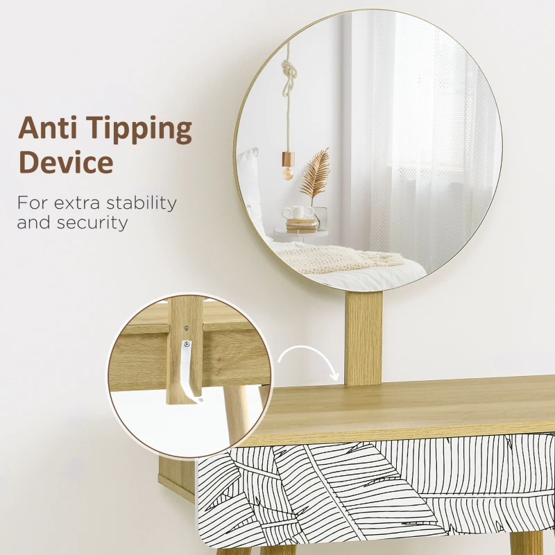 HOMCOM Vanity Table, Makeup Vanity with Drawer and Height Adjustable Mirror, Dressing Table with Wood Legs for Bedroom, Oak