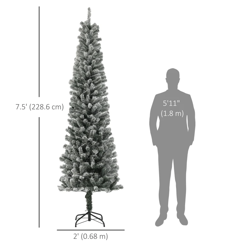 HOMCOM 7.5ft Prelit Pencil Artificial Christmas Tree, Flocked Xmas Tree with Remote, Dual Colour LEDs, 519 Tips, Metal Stand
