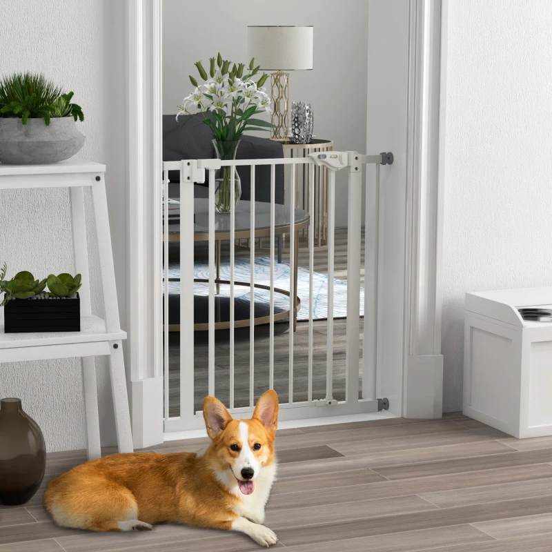 PawHut 30 Inch Tall Pet Gate with Door Dog Gate and Barrier Indoor for Stairs, Pressure-Mounted Safety Gate, White