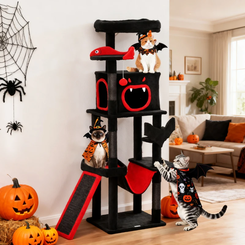 PawHut Gothic Cat Tree, 60" Tall Cat Tower with Coffin Bed,  Sisal Scratching Posts & Ramp, Condo, Hammock, Perches, Black