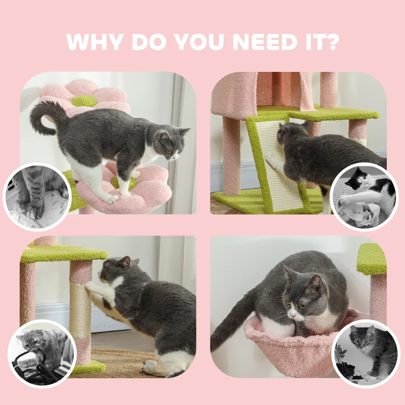 PawHut Flower Cat Tree with Sisal Scratching Posts, Multi-Level Cat Tower, Pink